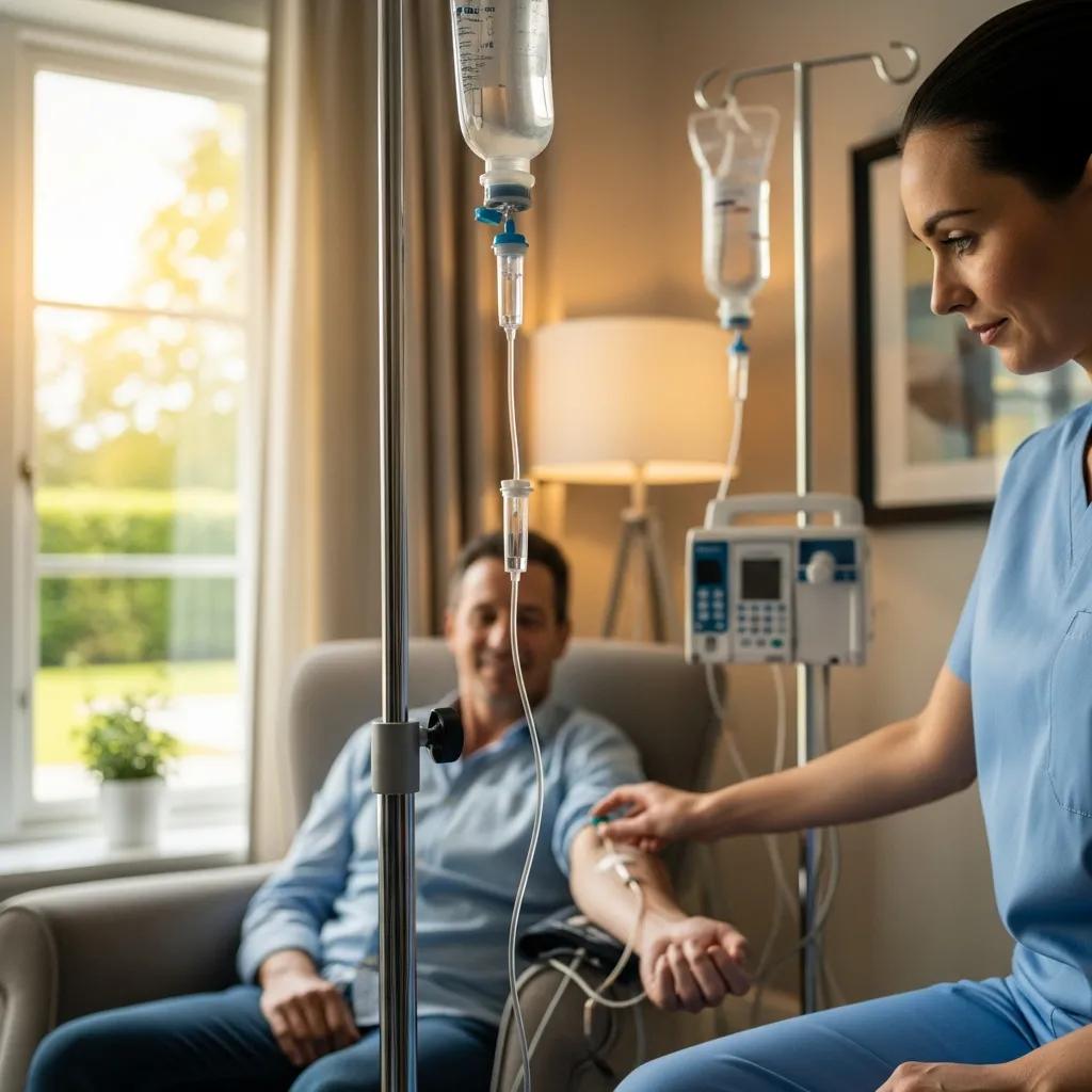 Patient receiving IV peptide therapy in a serene environment, showcasing the delivery process and care